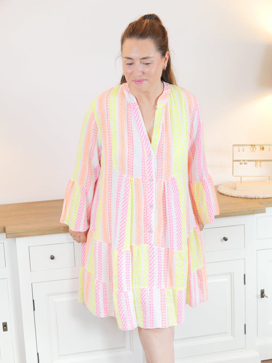 IZIBIZI Musselin Kleid Weiß Neonmuster - Bylillysophie.com⎢Mode & Accessoires