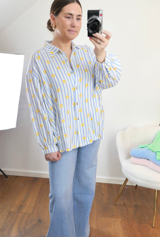 FLOWER STRIPES Musselin Bluse Blau - Bylillysophie